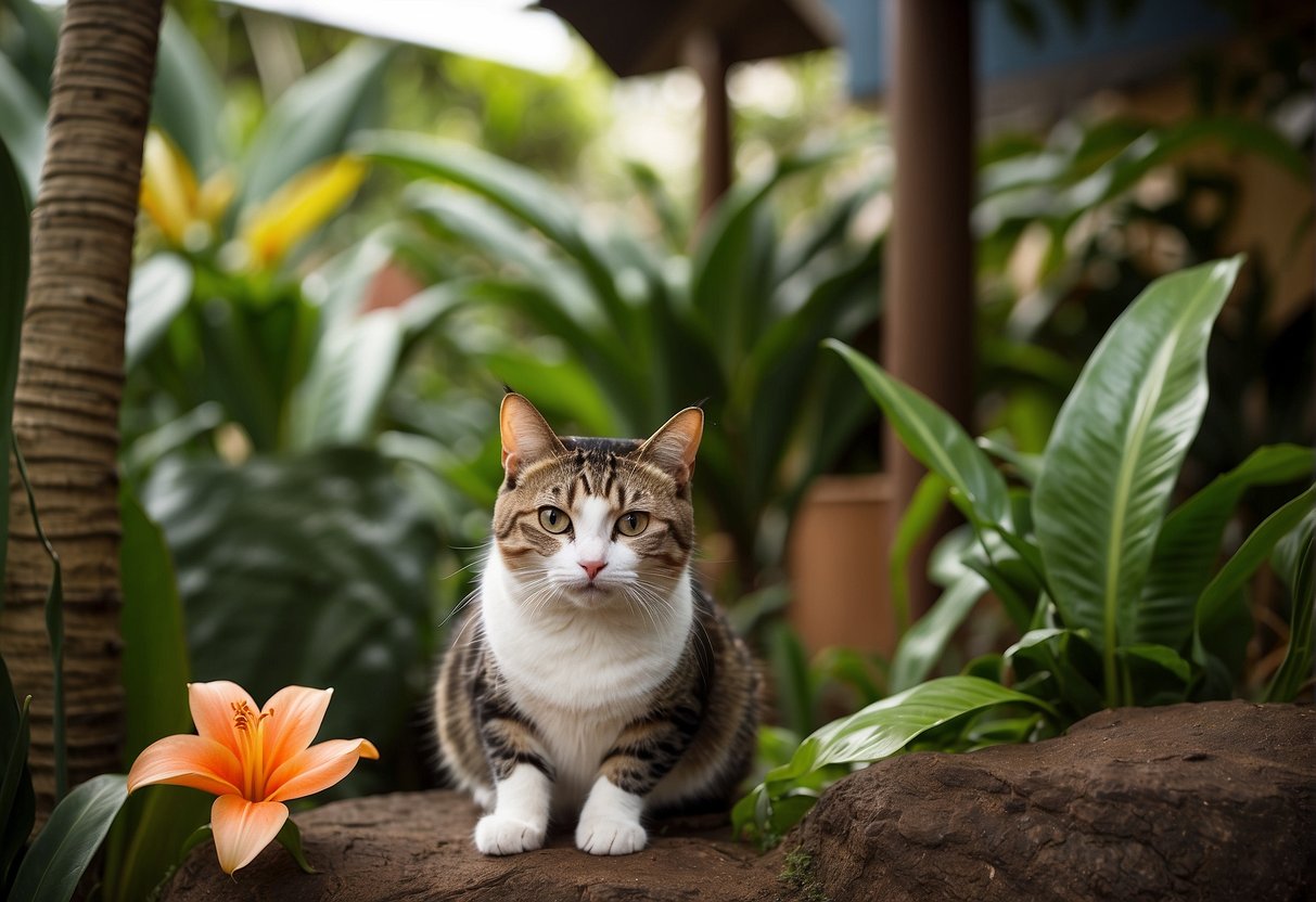 A Hawaiian cat sits next to a sign with phonetic spellings of Hawaiian names. The cat is surrounded by tropical plants and flowers