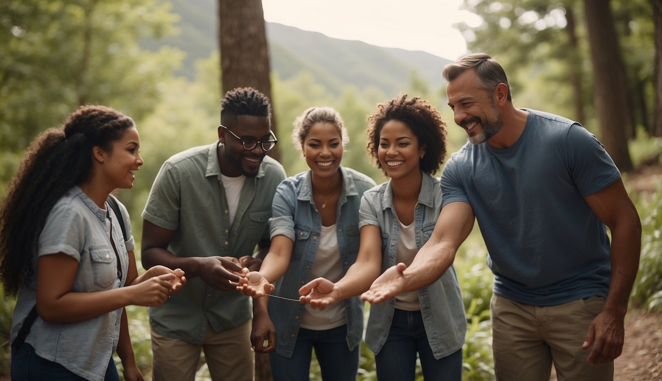 A group of diverse individuals engage in team-building activities in a scenic outdoor setting, fostering positive relationships and collaboration