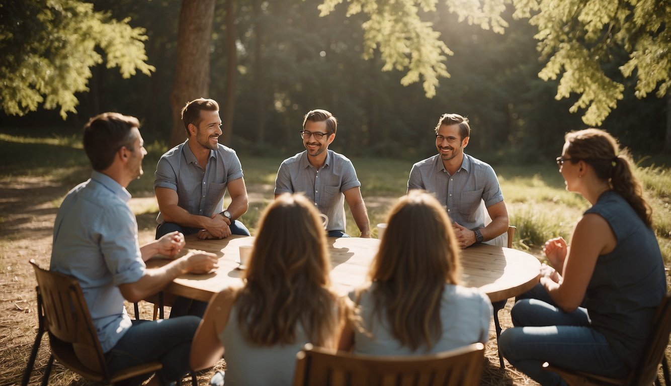 Team building retreat: Group in a circle, discussing plans. Team leader facilitates. Scenic outdoor setting with trees and sunshine