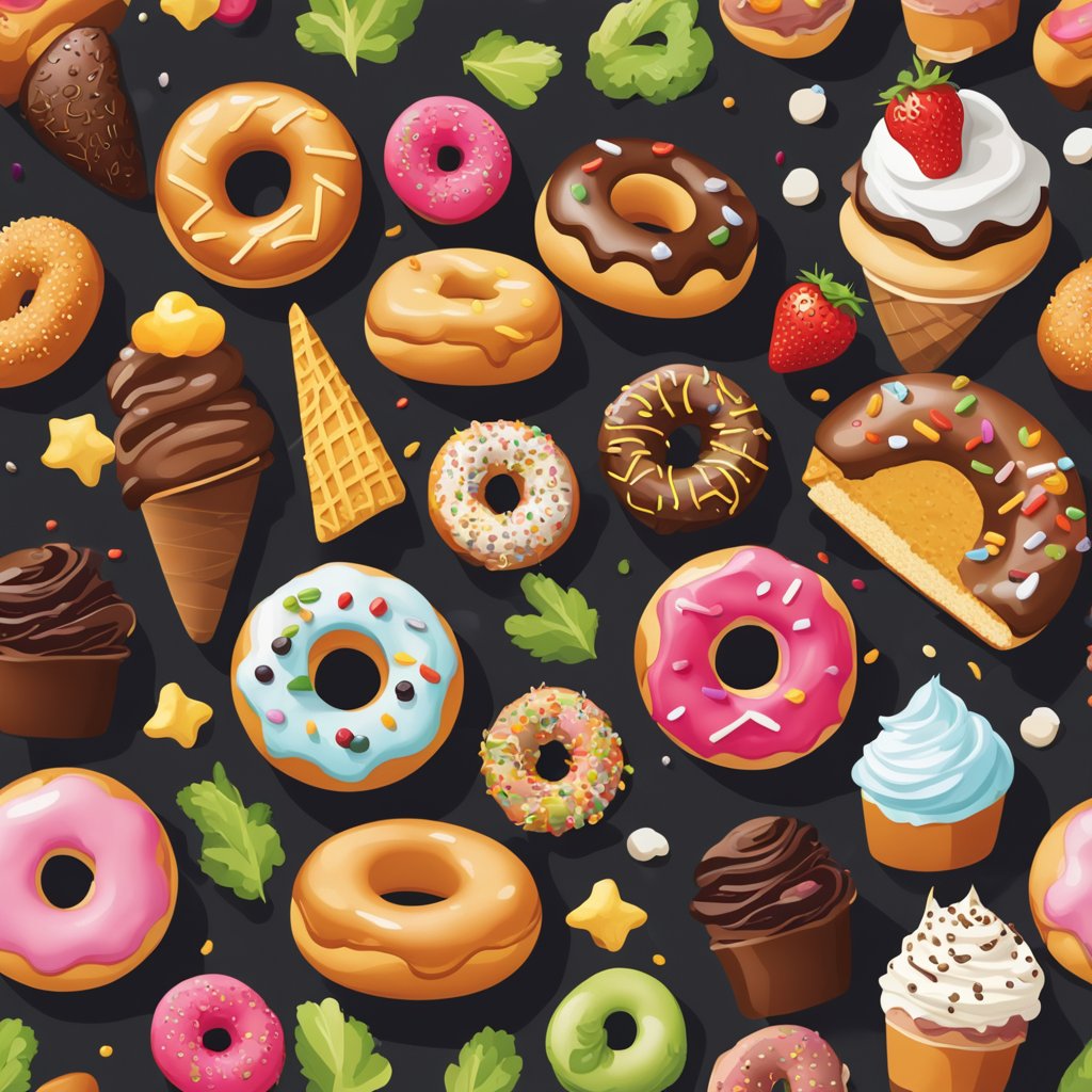 Various high-fat, high-sugar foods like donuts, fries, and ice cream are scattered on a table, with a noticeable lack of fruits and vegetables