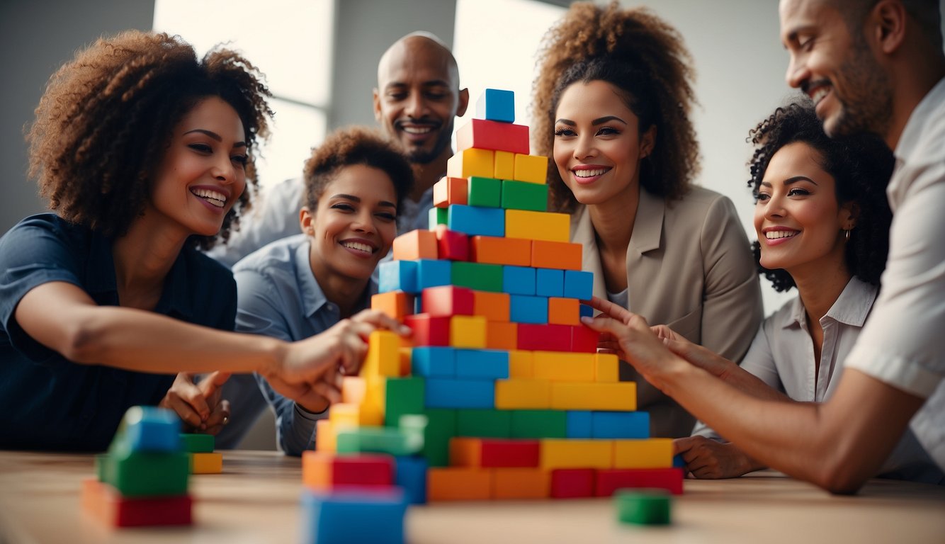 A group of diverse individuals work together to build a towering pyramid out of colorful blocks, symbolizing their team building goals