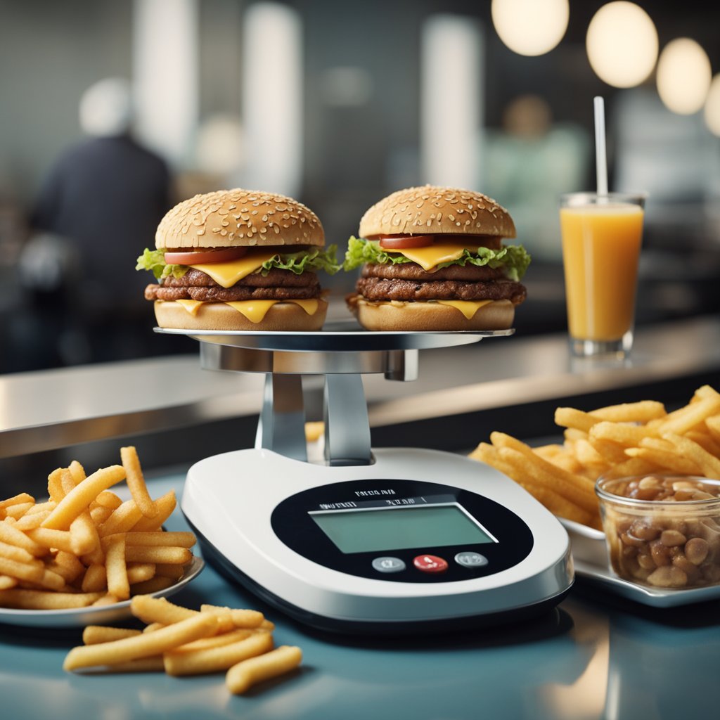 A table with unhealthy foods like fast food, sugary snacks, and fried items. A scale showing weight gain. A sad face in a mirror
