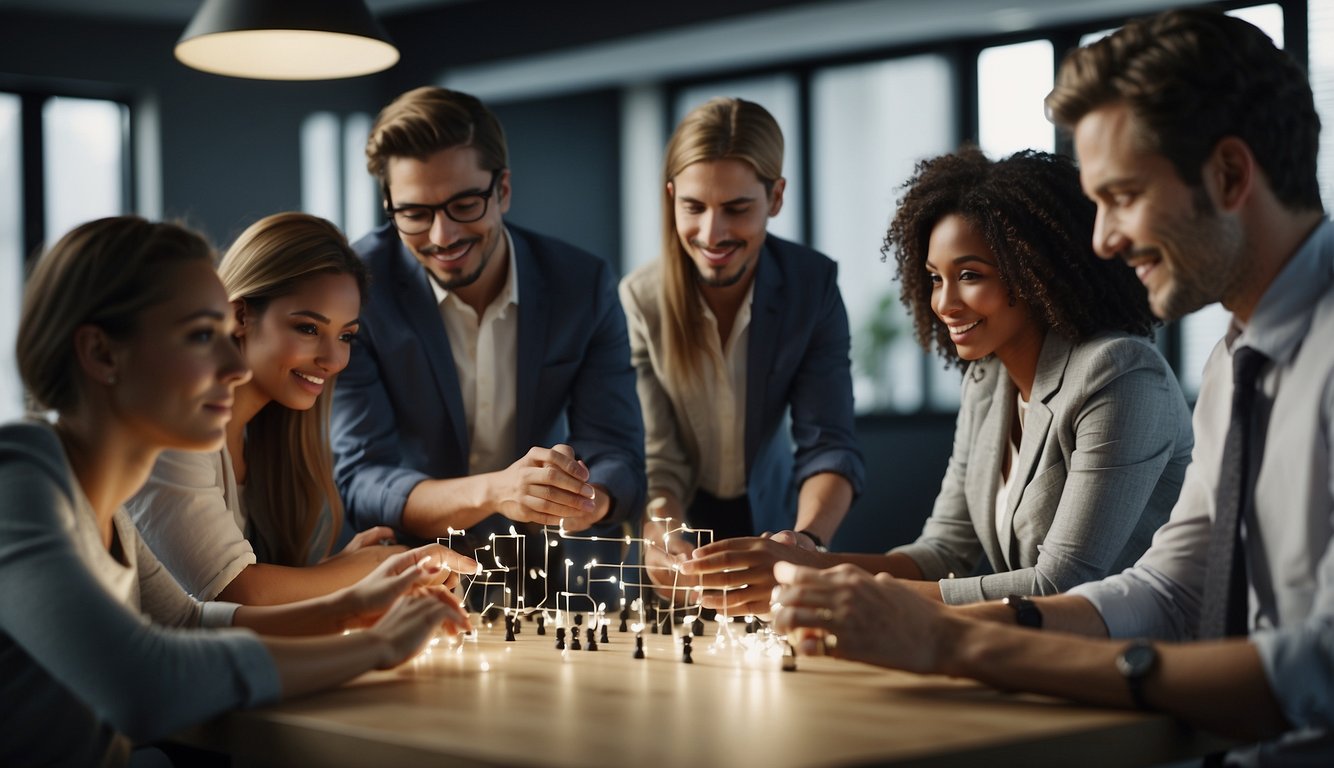 A group of people working together to solve a problem, with a focus on communication and collaboration. They engage in trust-building exercises and problem-solving challenges