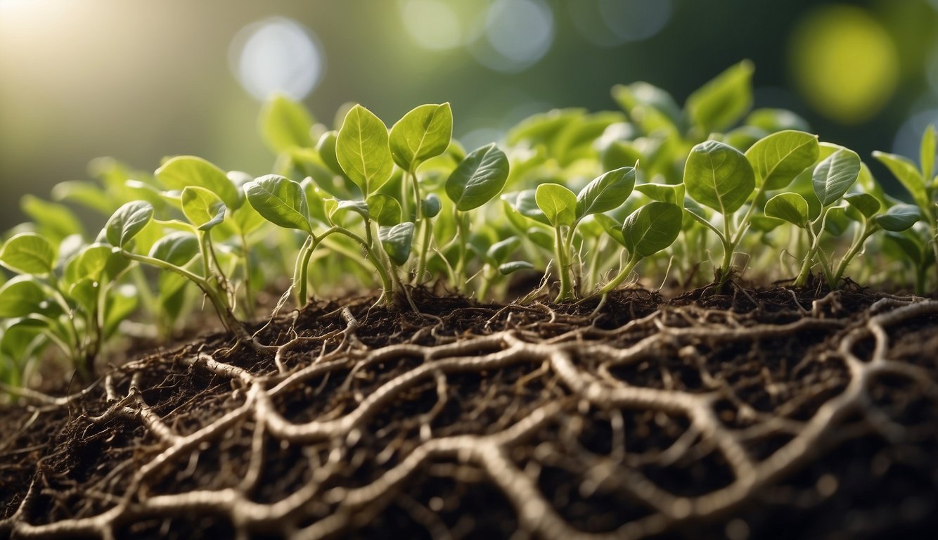 A group of diverse plants growing together, intertwining their roots and branches to form a strong and supportive network, symbolizing team building and collaboration