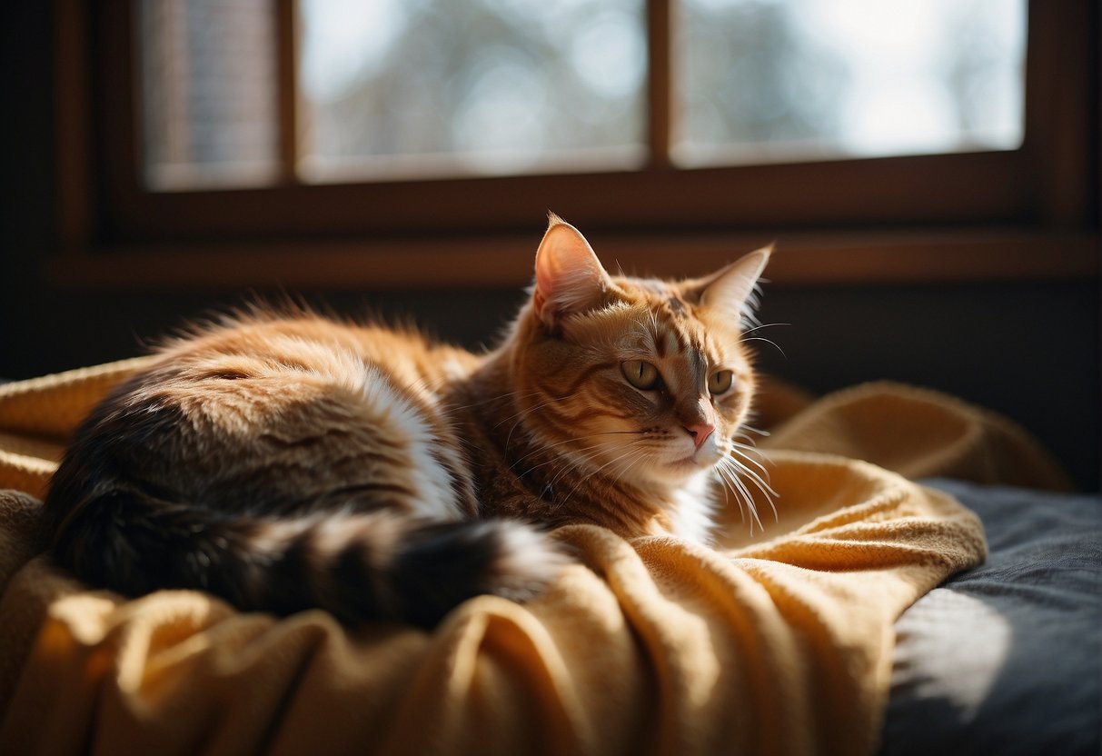 A contented cat purrs nonstop, curled up on a cozy blanket by a sunny window