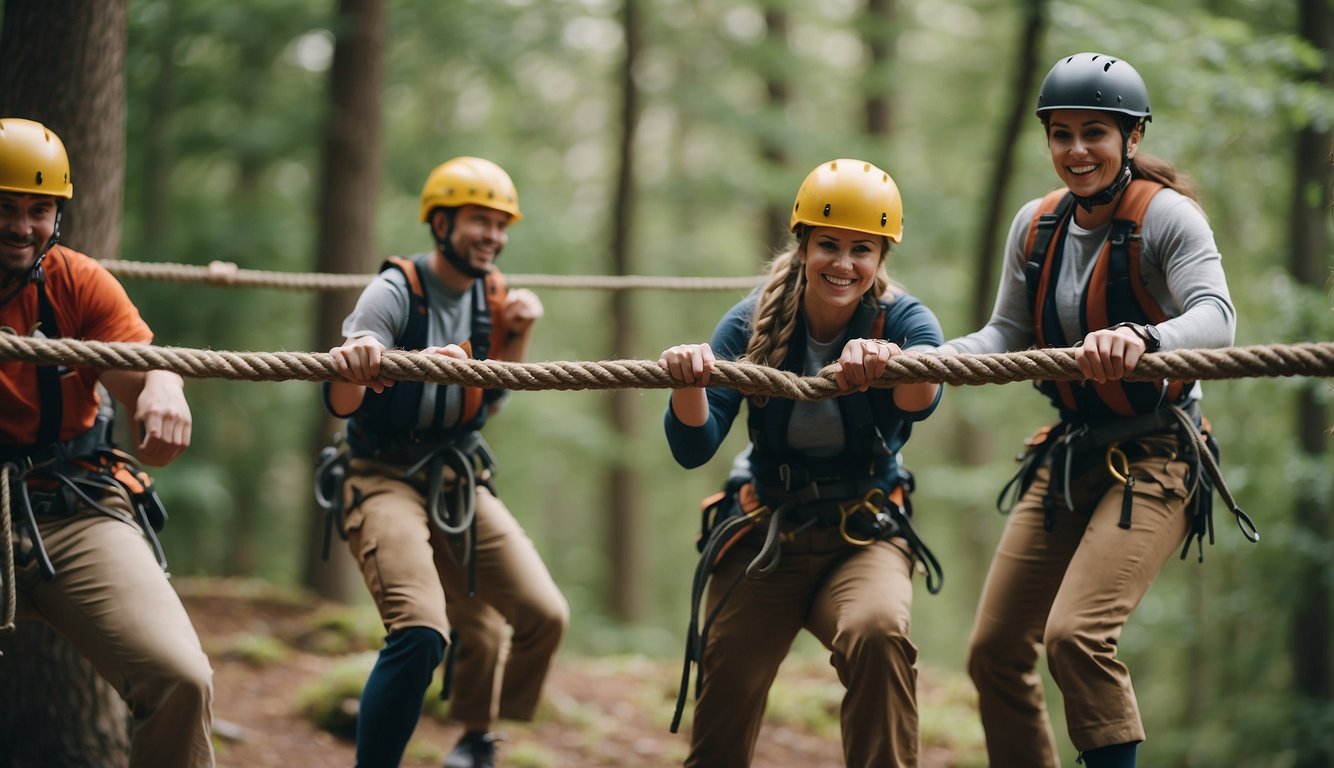 A group of people engage in trust falls and rope courses at a team building retreat