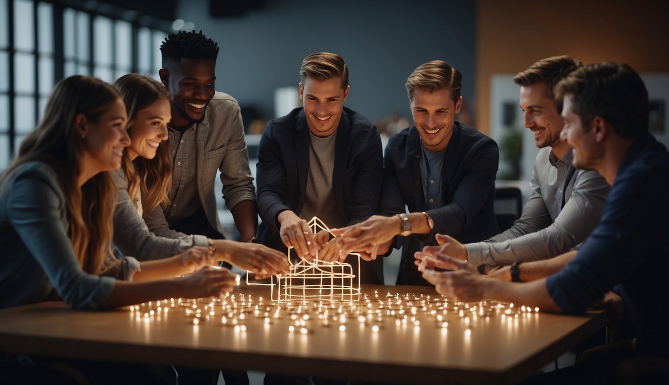 A group of people work together to solve a problem, using teamwork and communication. They are engaged in a team building activity, collaborating and strategizing