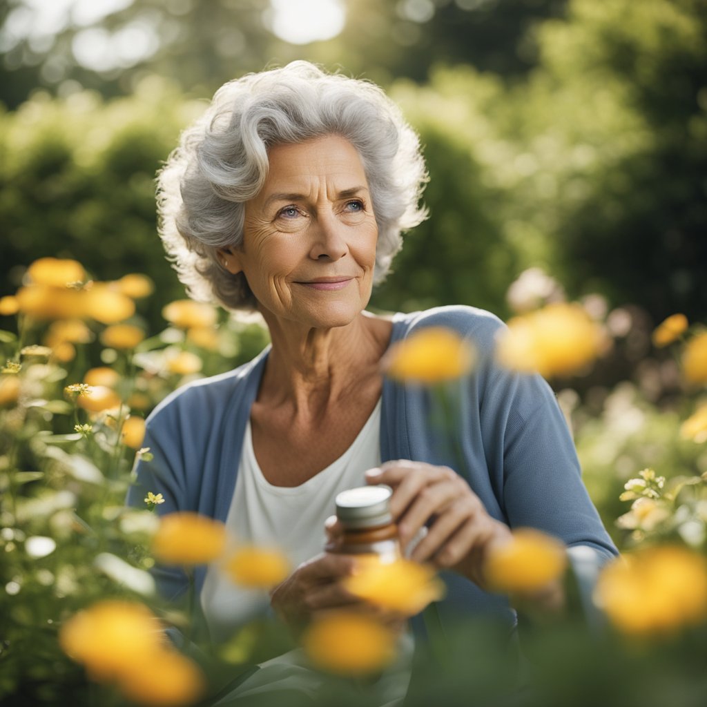 A serene woman in her 50s sits in a peaceful garden, surrounded by blooming flowers and lush greenery. She holds a bottle of magnesium supplement, looking calm and content