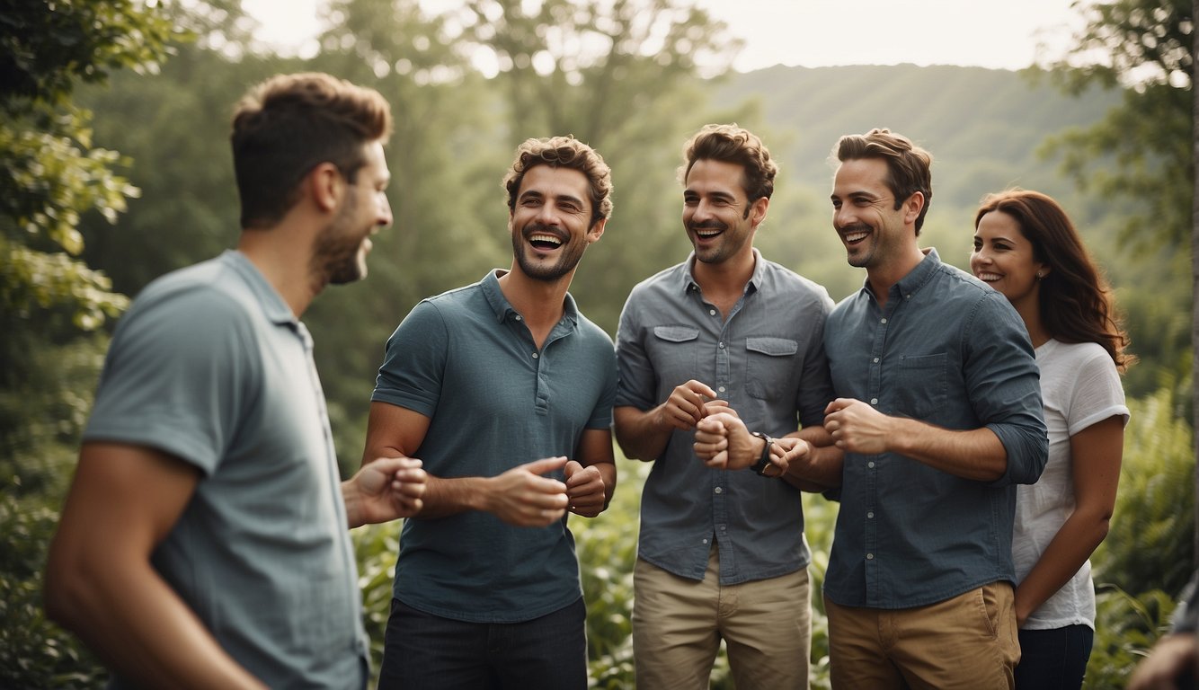 A group standing in a circle, engaged in team-building activities, laughing and cheering each other on, surrounded by nature and a sense of camaraderie
