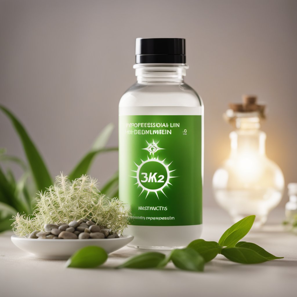 A glowing magnesium supplement bottle surrounded by botanicals and a hot flash symbol