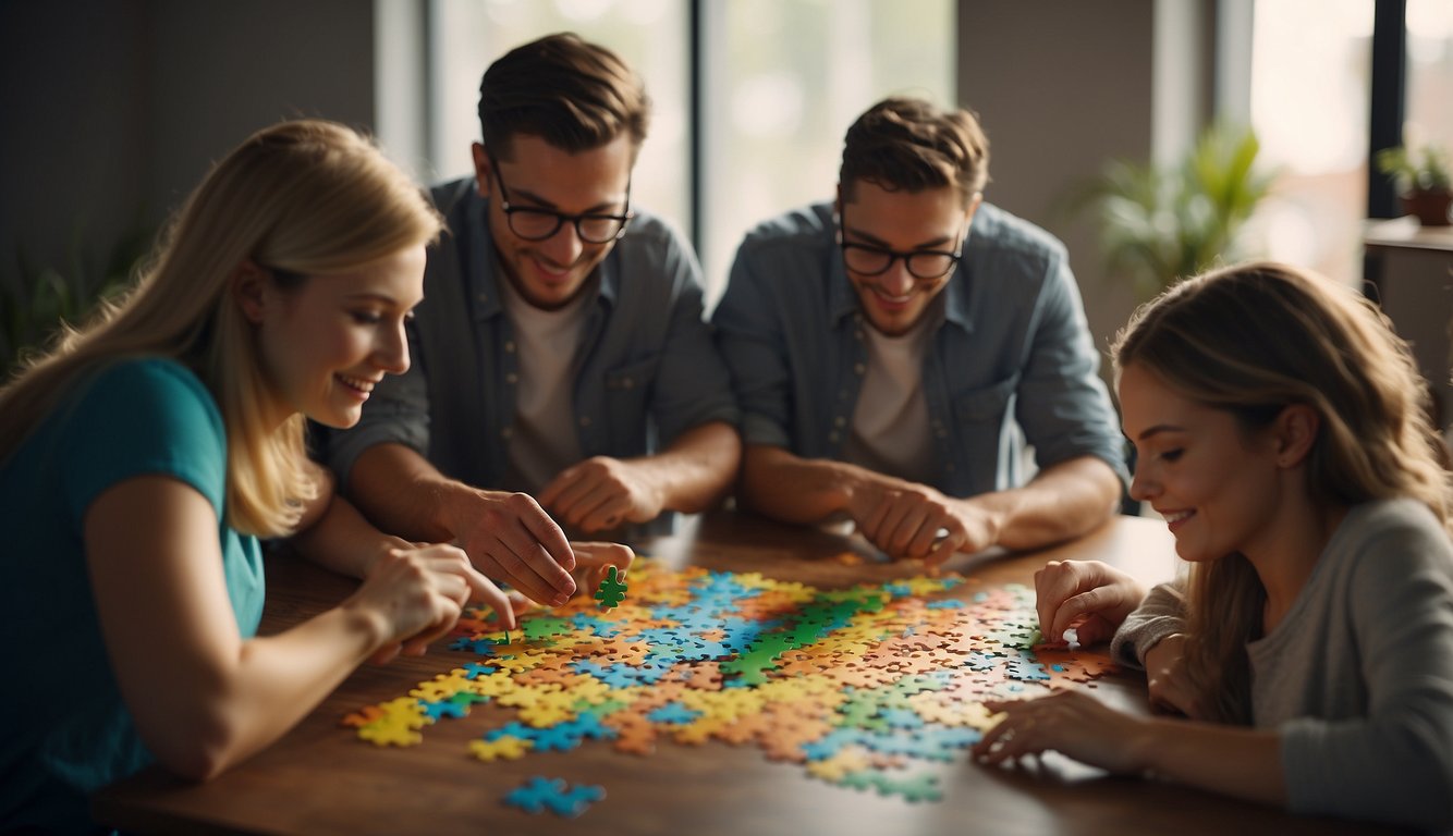 A group of people solving puzzles together in a brightly lit room with colorful puzzle pieces spread out on a table