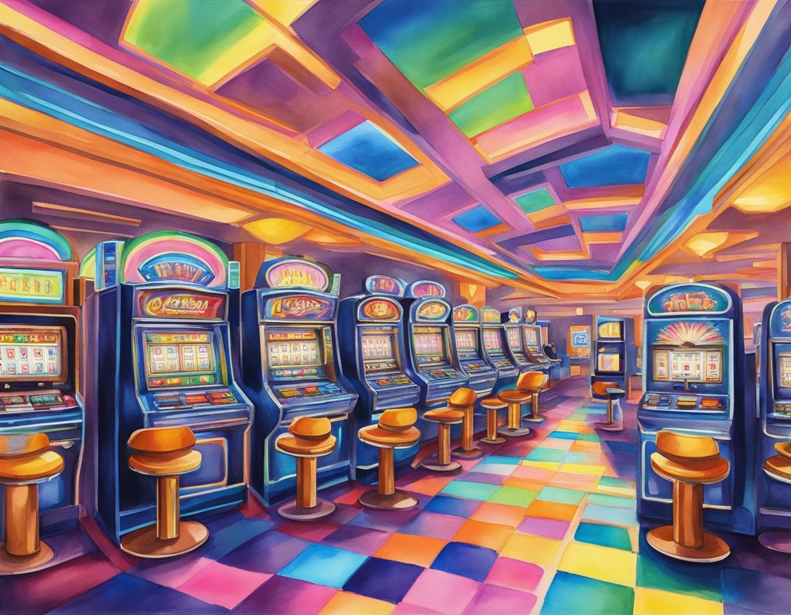 A colorful and vibrant casino floor with slot machines, card tables, and a lively atmosphere. Bright neon lights and a futuristic design create an exciting and immersive environment