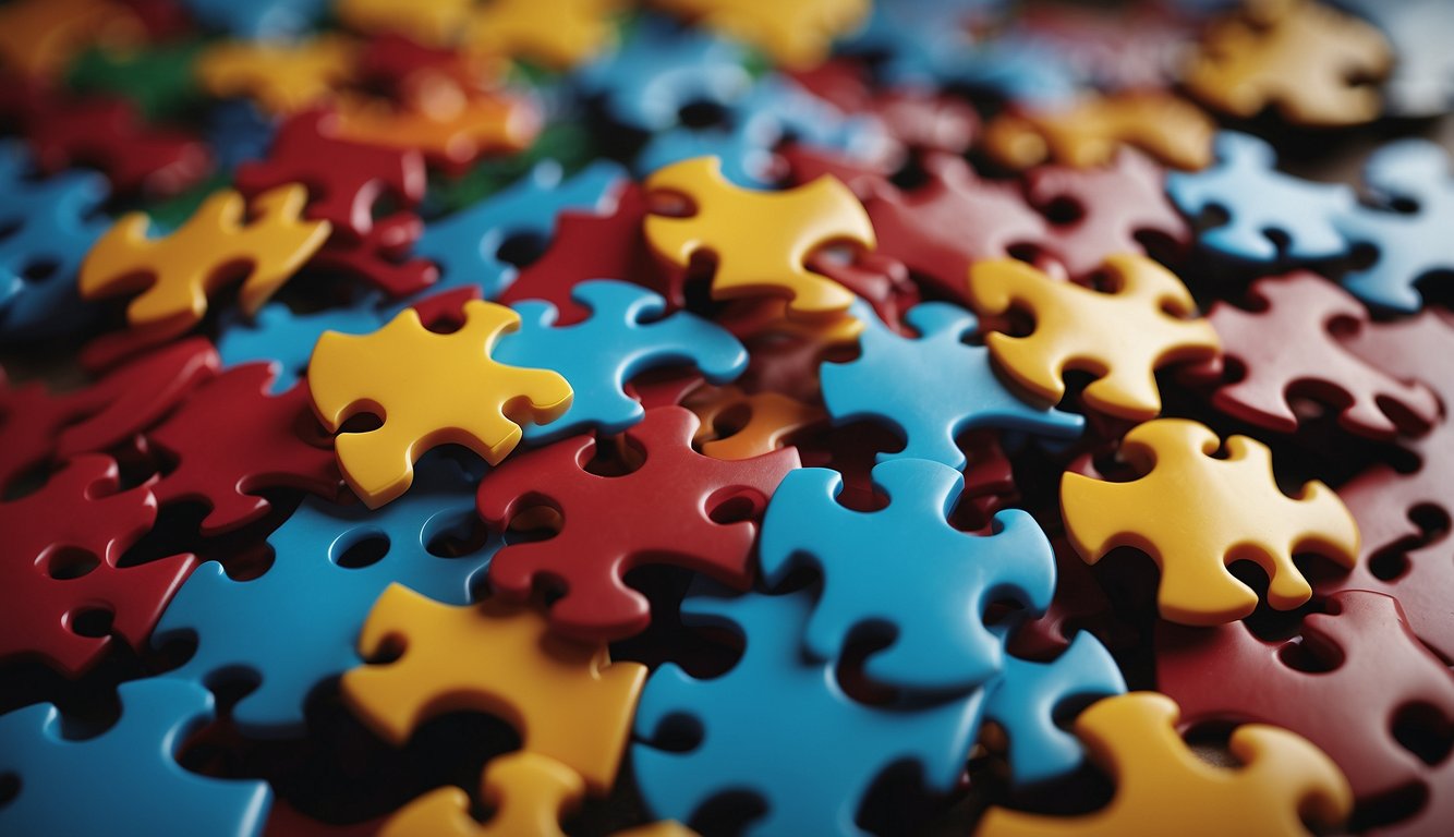 A group of colorful puzzle pieces interlocking in a complex pattern, representing advanced team building concepts