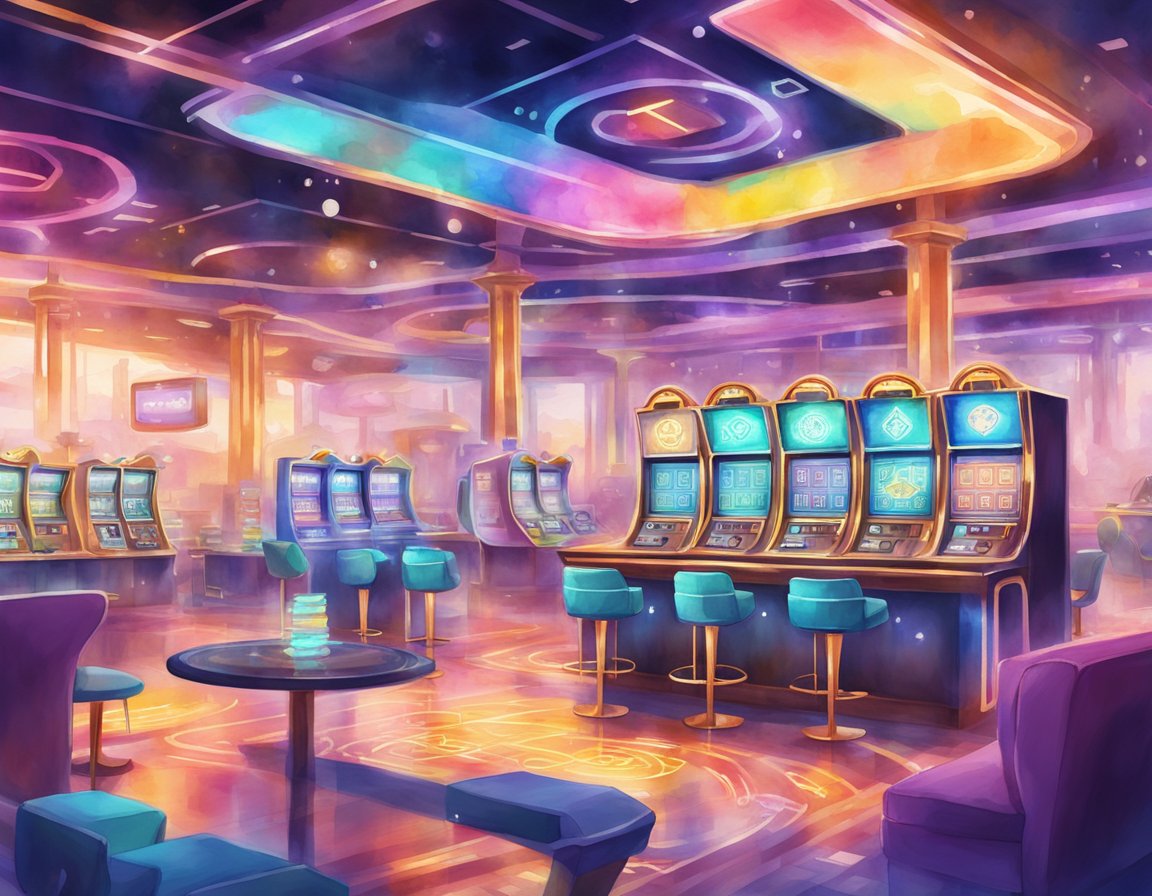 A colorful and futuristic casino environment with digital currency symbols and gaming elements