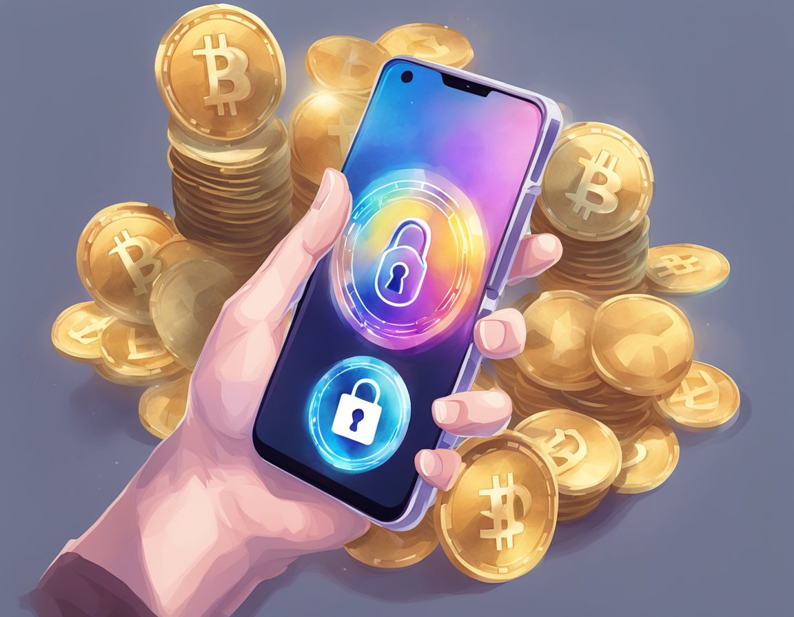 A hand holding a smartphone, with a secure lock icon and a cryptocurrency symbol on the screen, next to a stack of casino chips