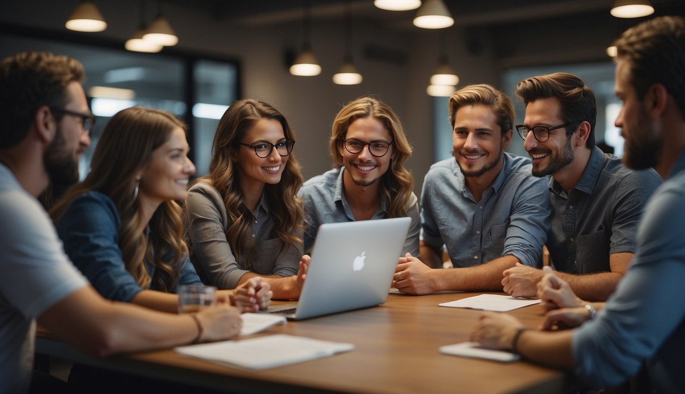 A group of people collaborating, brainstorming, and problem-solving together in a creative and supportive environment