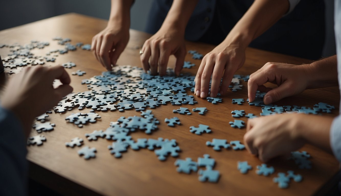 Team members arranging puzzle pieces, symbolizing cooperation and coordination. A leader guiding the process, while others contribute ideas