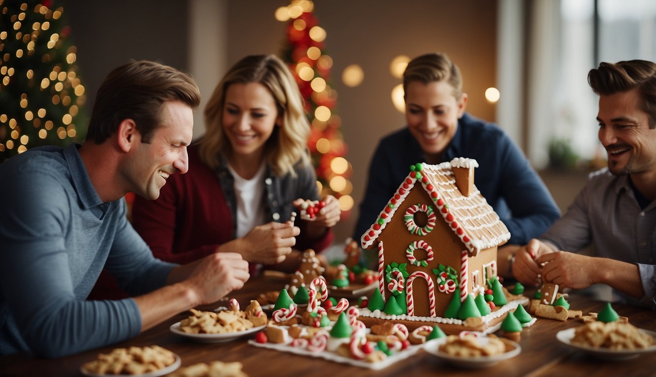 A group of coworkers participate in a holiday-themed team building activity, such as a scavenger hunt or a gingerbread house decorating contest