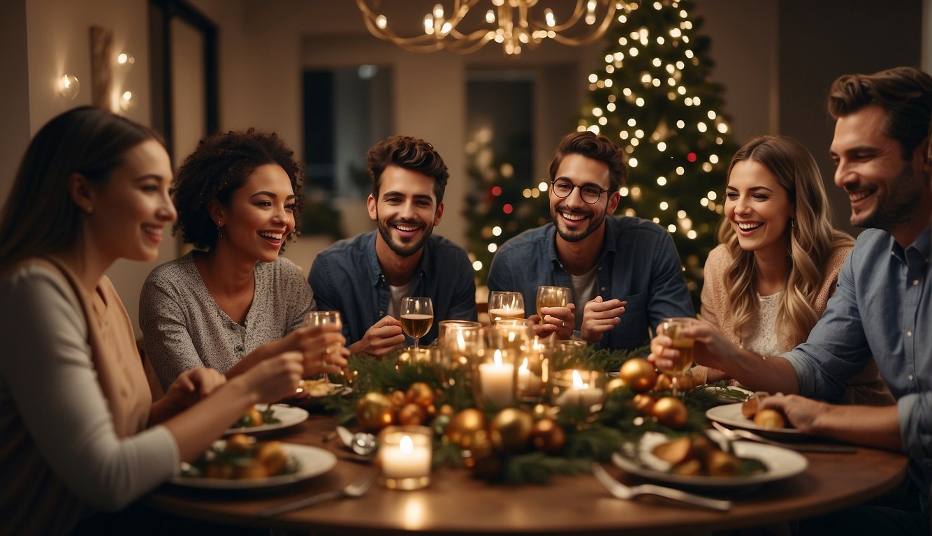 A group of coworkers gather around a festive table, laughing and sharing stories. Decorations and holiday-themed activities create a warm and inclusive atmosphere