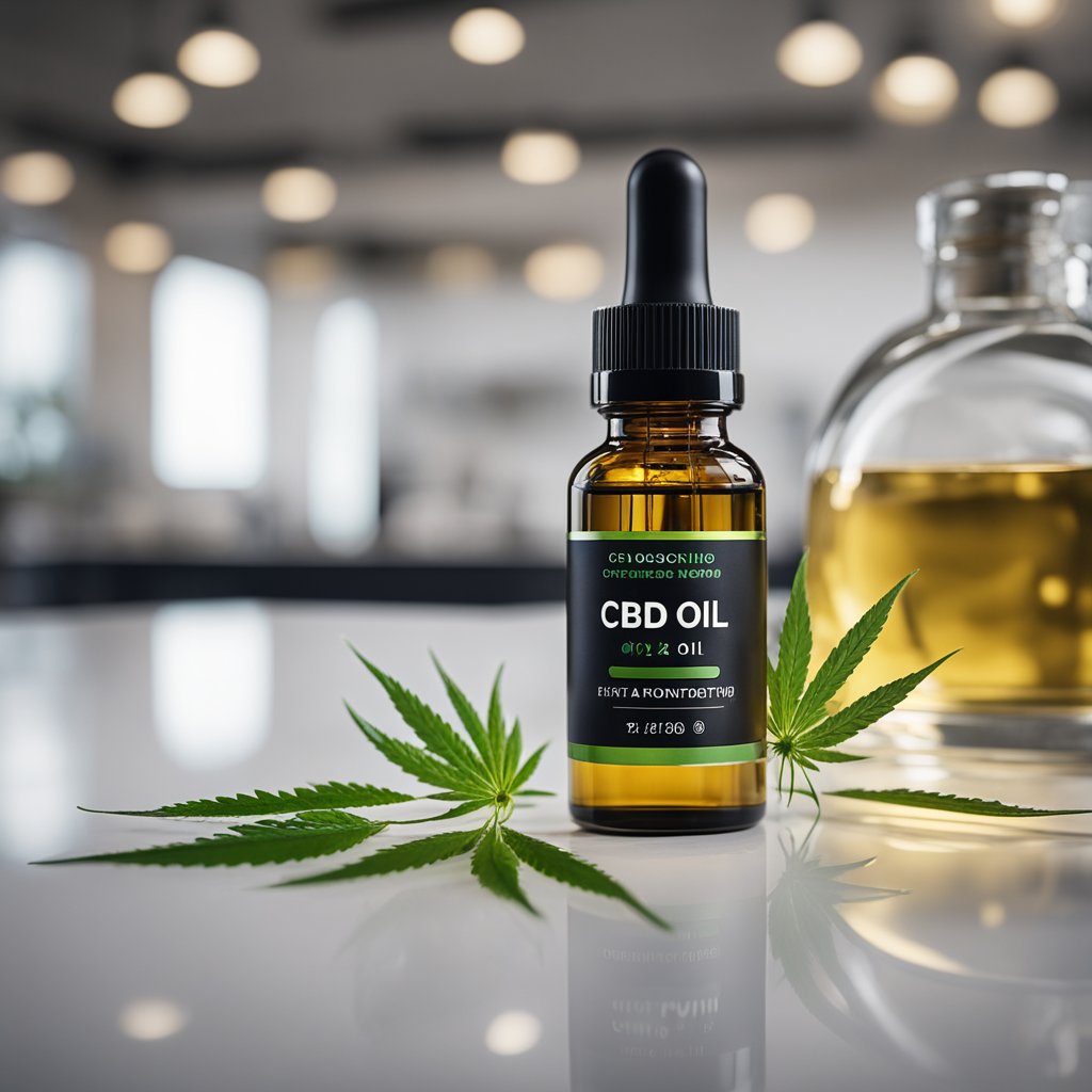 A bottle of CBD oil sits on a clean, white countertop, next to a glass of water and a timer set for 24 hours