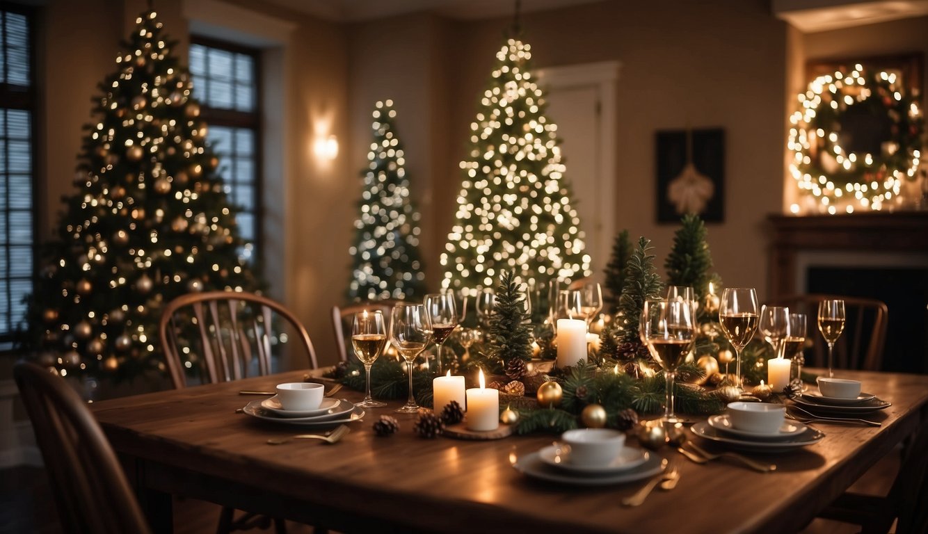 A festive room with twinkling lights, a beautifully decorated tree, and a table set with delicious food and drinks. Laughter and conversation fill the air as colleagues enjoy the holiday spirit