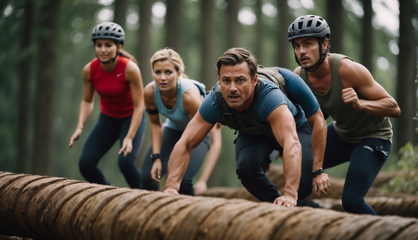 A group navigates a challenging obstacle course, working together to overcome various physical challenges and obstacles