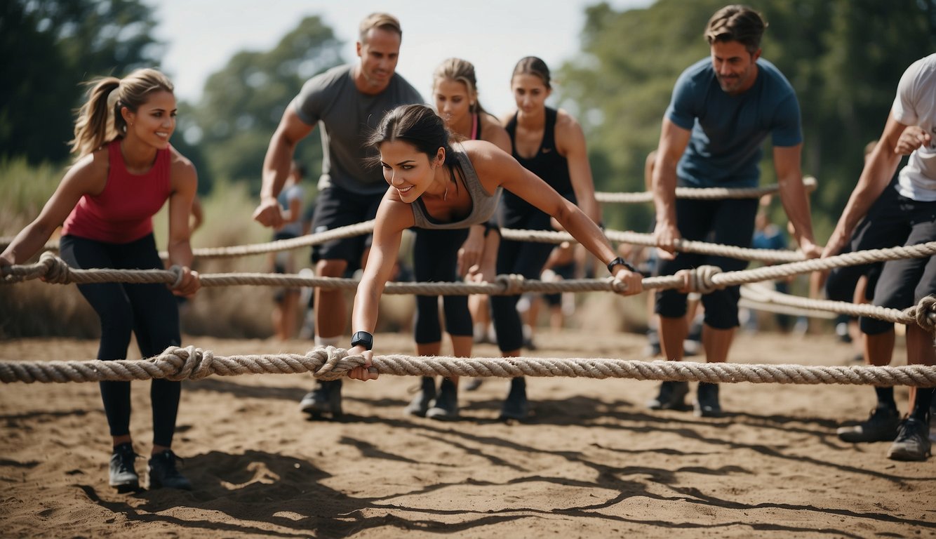 Team building obstacle course: ropes, tires, and balance beams arranged in a challenging layout. Participants strategize and work together to overcome each obstacle