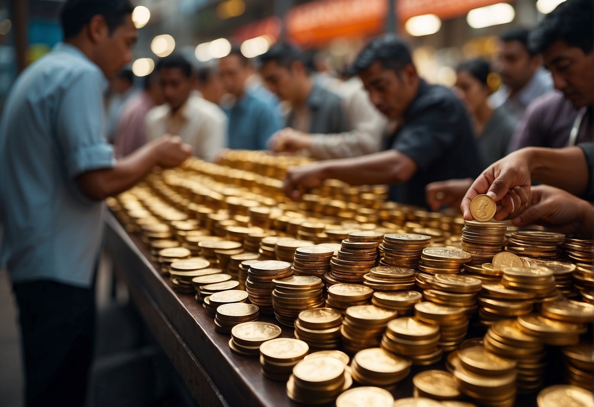 A bustling market with traders exchanging Goldbacks, showcasing demand and valuation. Tables piled high with gleaming coins, buyers and sellers engaged in lively negotiations