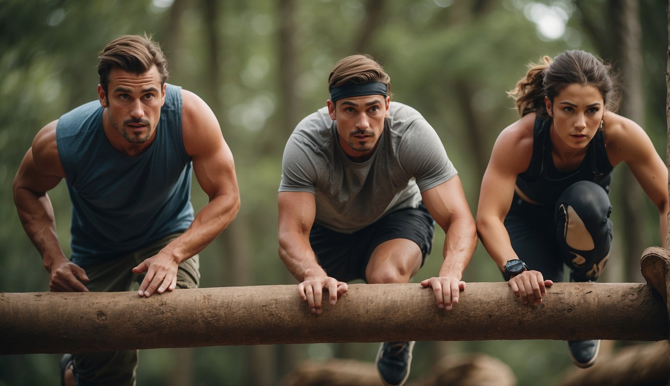 A group of individuals navigating through a challenging obstacle course, working together to overcome various physical and mental challenges