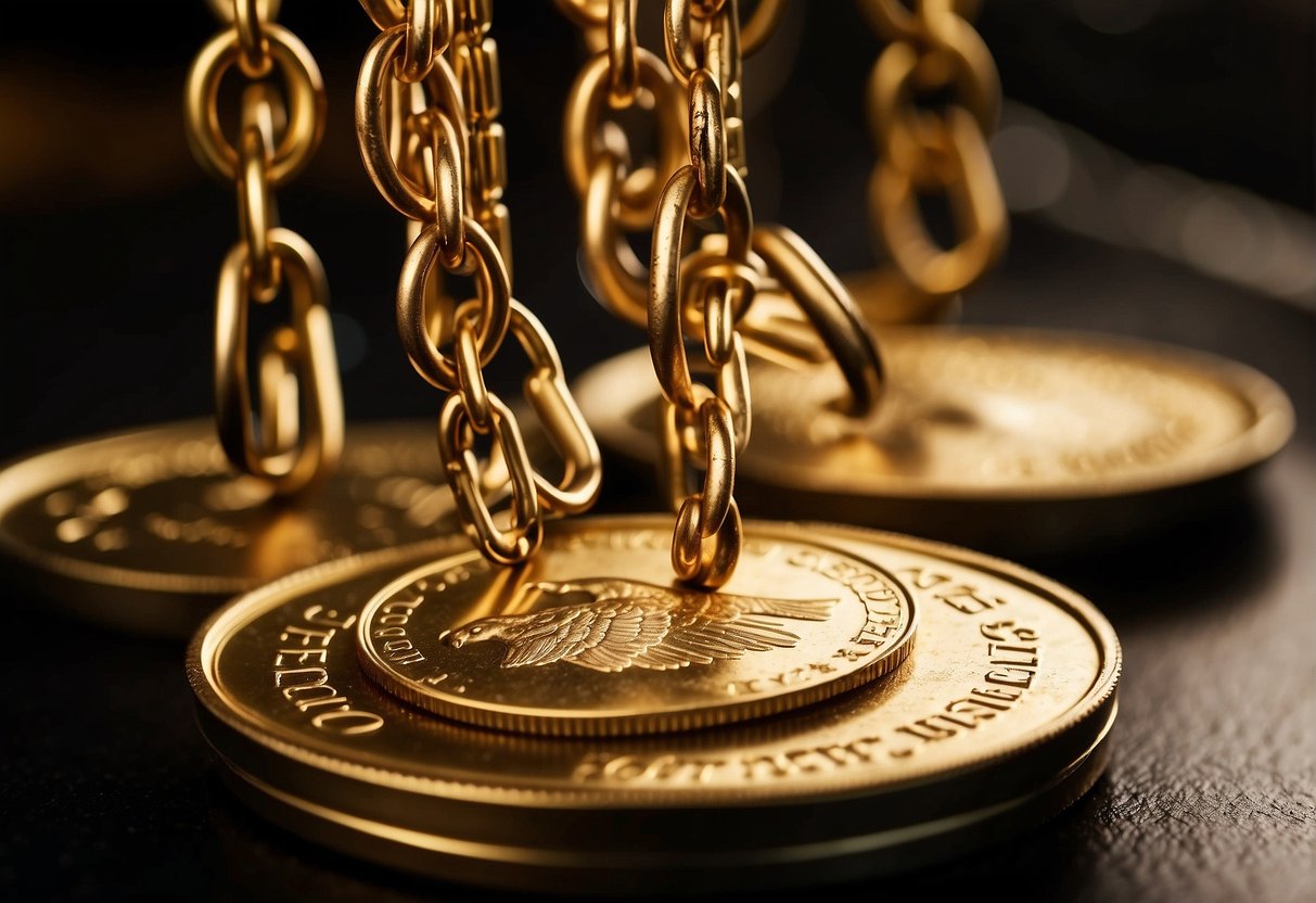 Goldbacks face challenges and limitations, depicted by a golden coin being weighed down by heavy chains