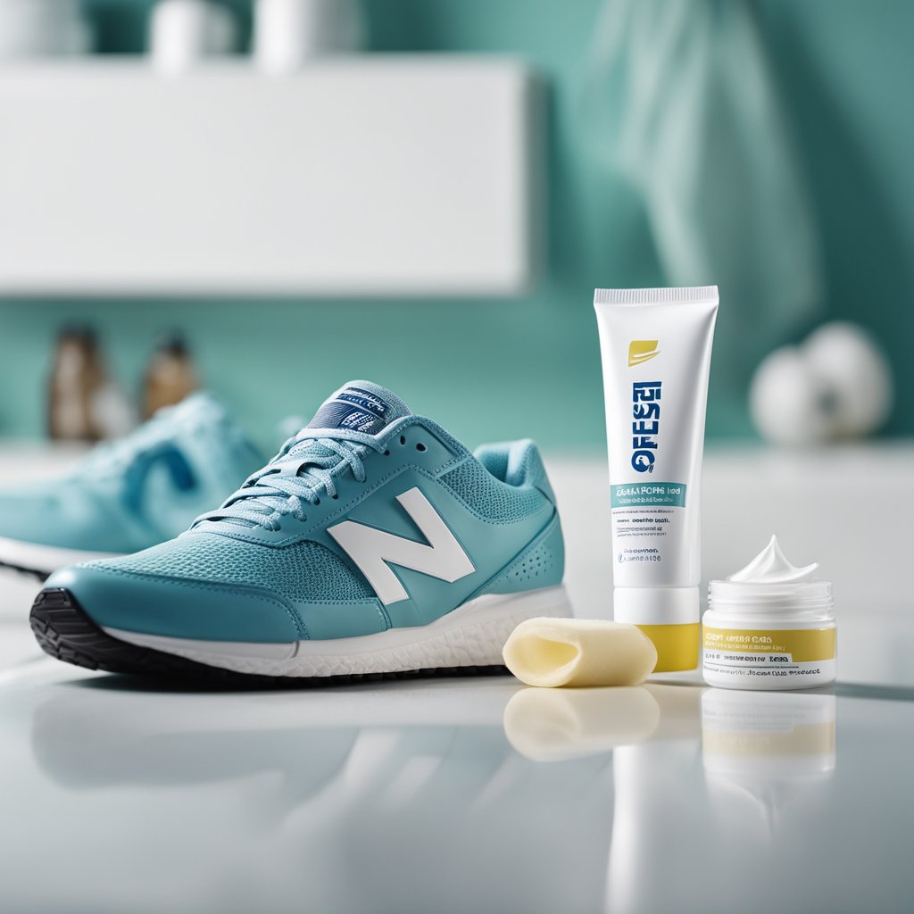 A tube of best athletes foot cream sits on a clean, white countertop next to a pair of running shoes and a towel