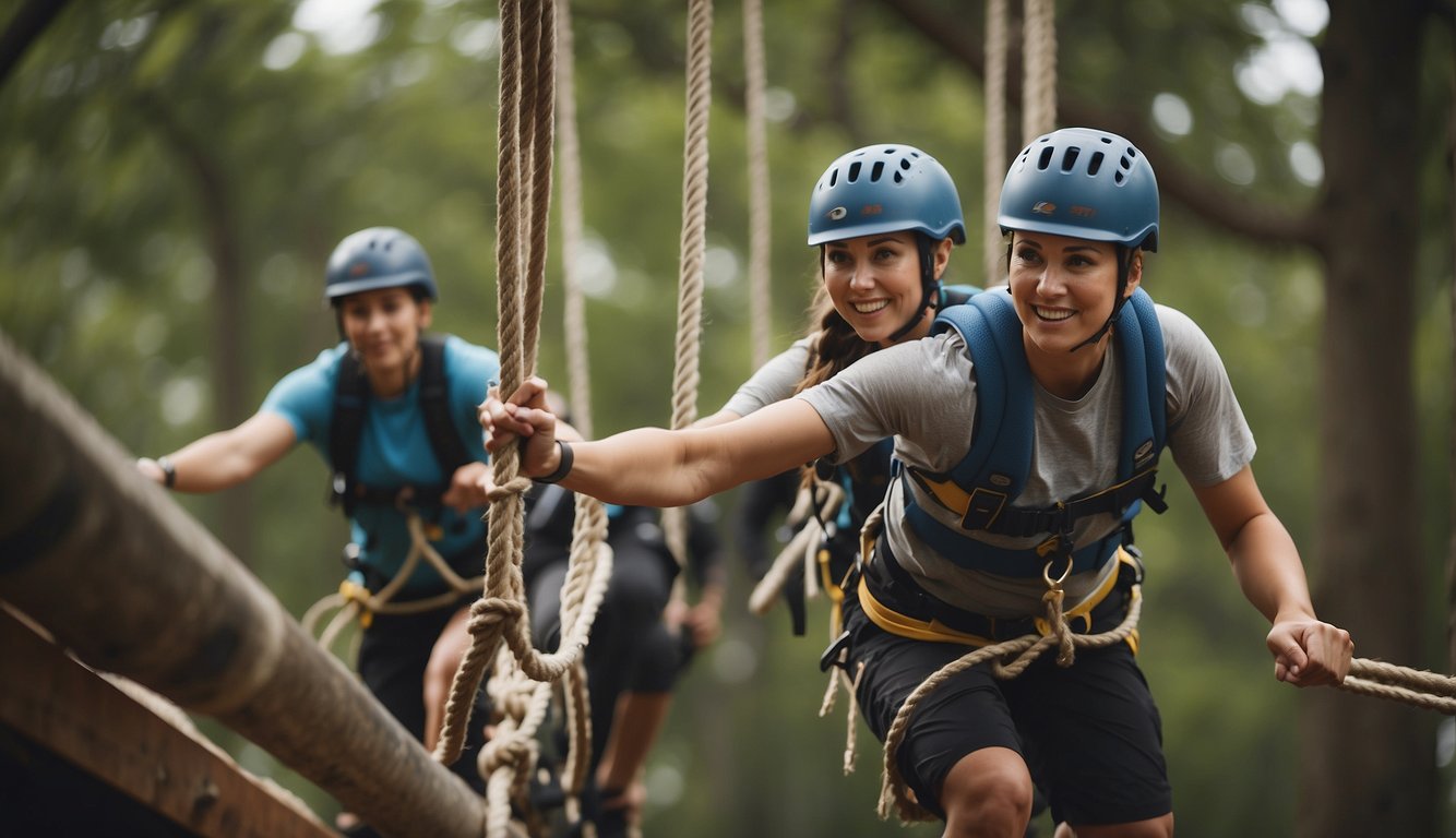 Participants navigate a series of challenging obstacles, including rope courses, balance beams, and wall climbs. Teammates encourage and support each other through the course