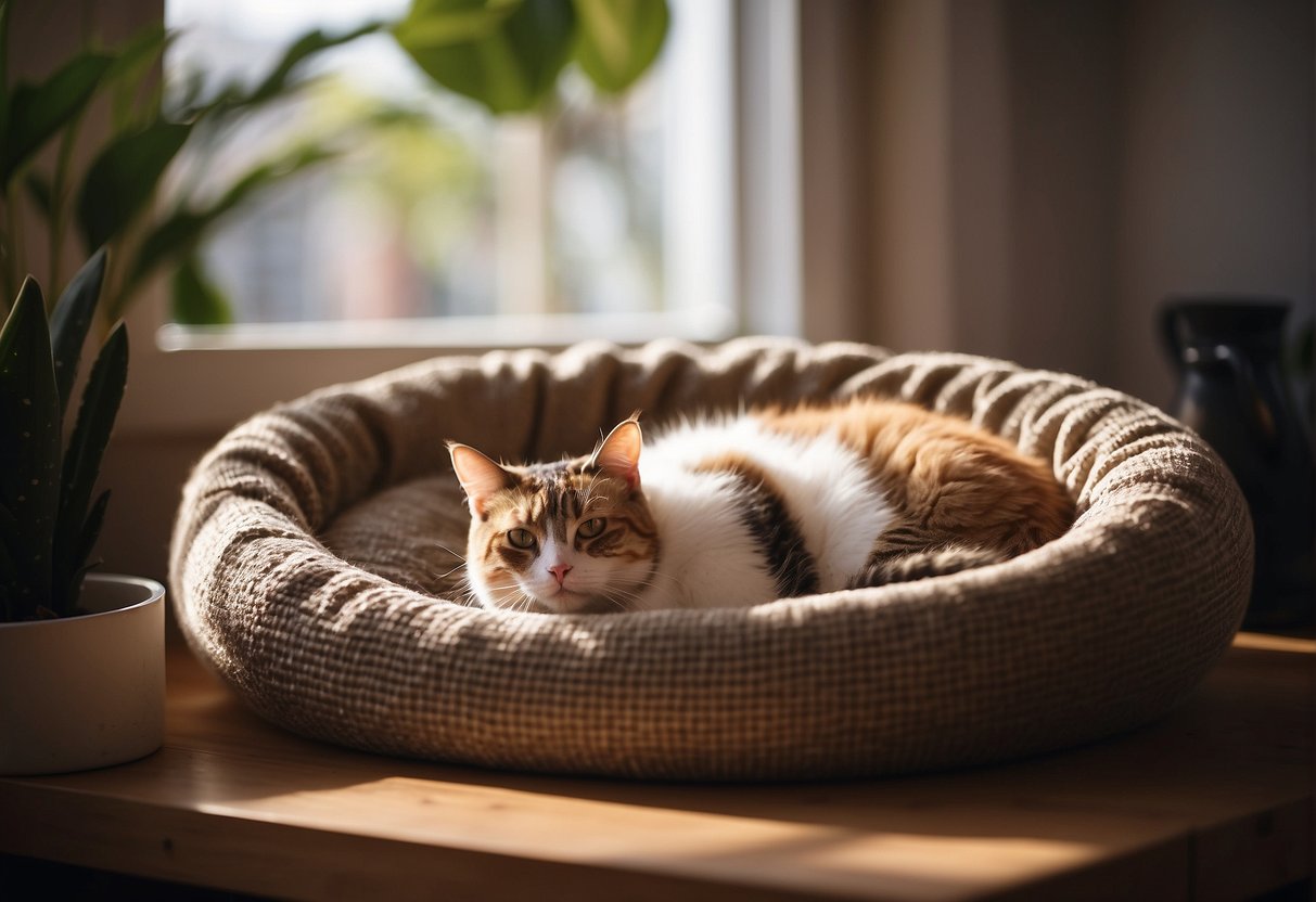 A cozy cat bed sits in a sunny corner, surrounded by toys and a scratching post. A contented feline lounges inside, curled up in a peaceful slumber