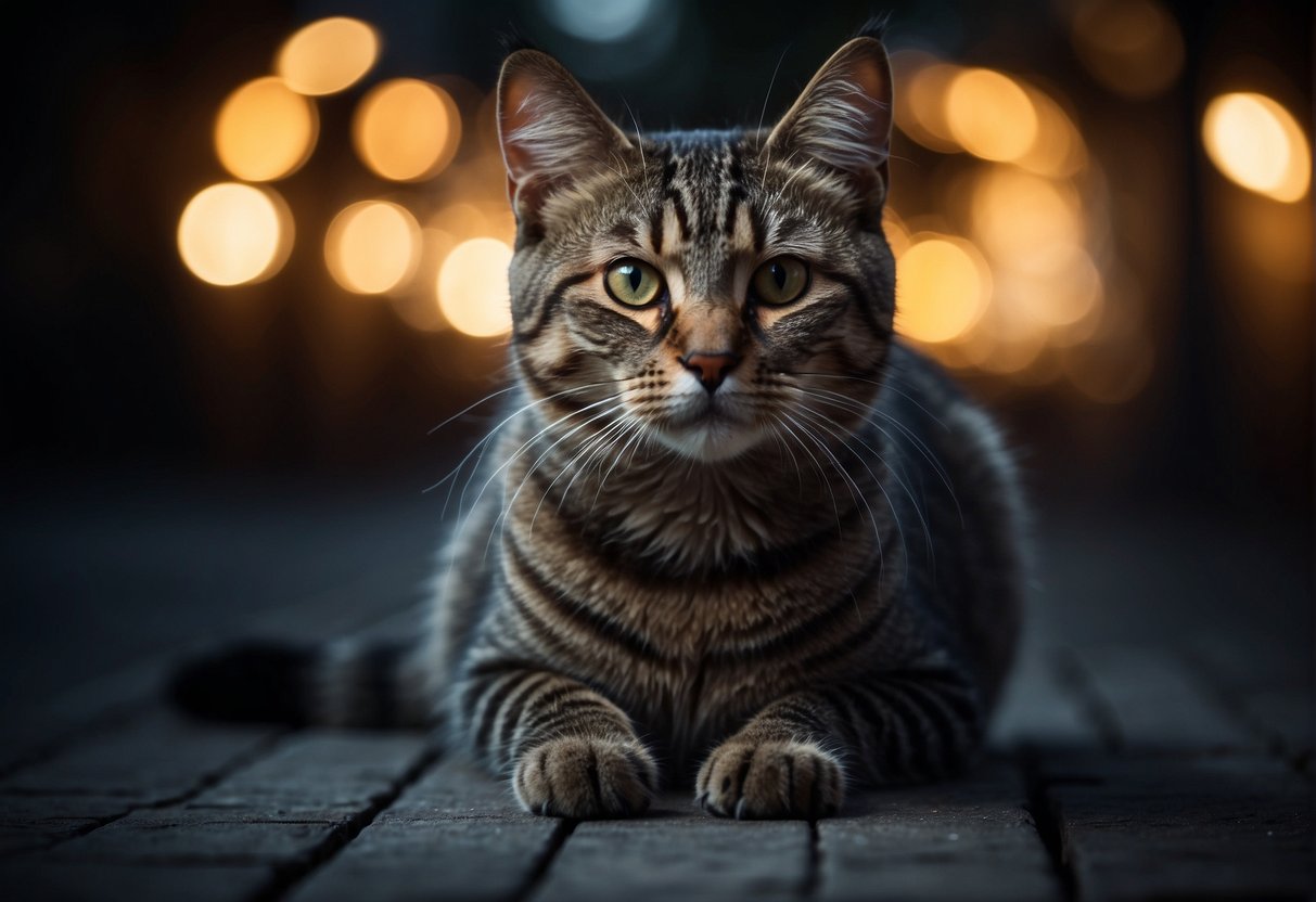 A cat with glowing eyes peers into the darkness, its pupils dilated as it navigates through the dimly lit environment