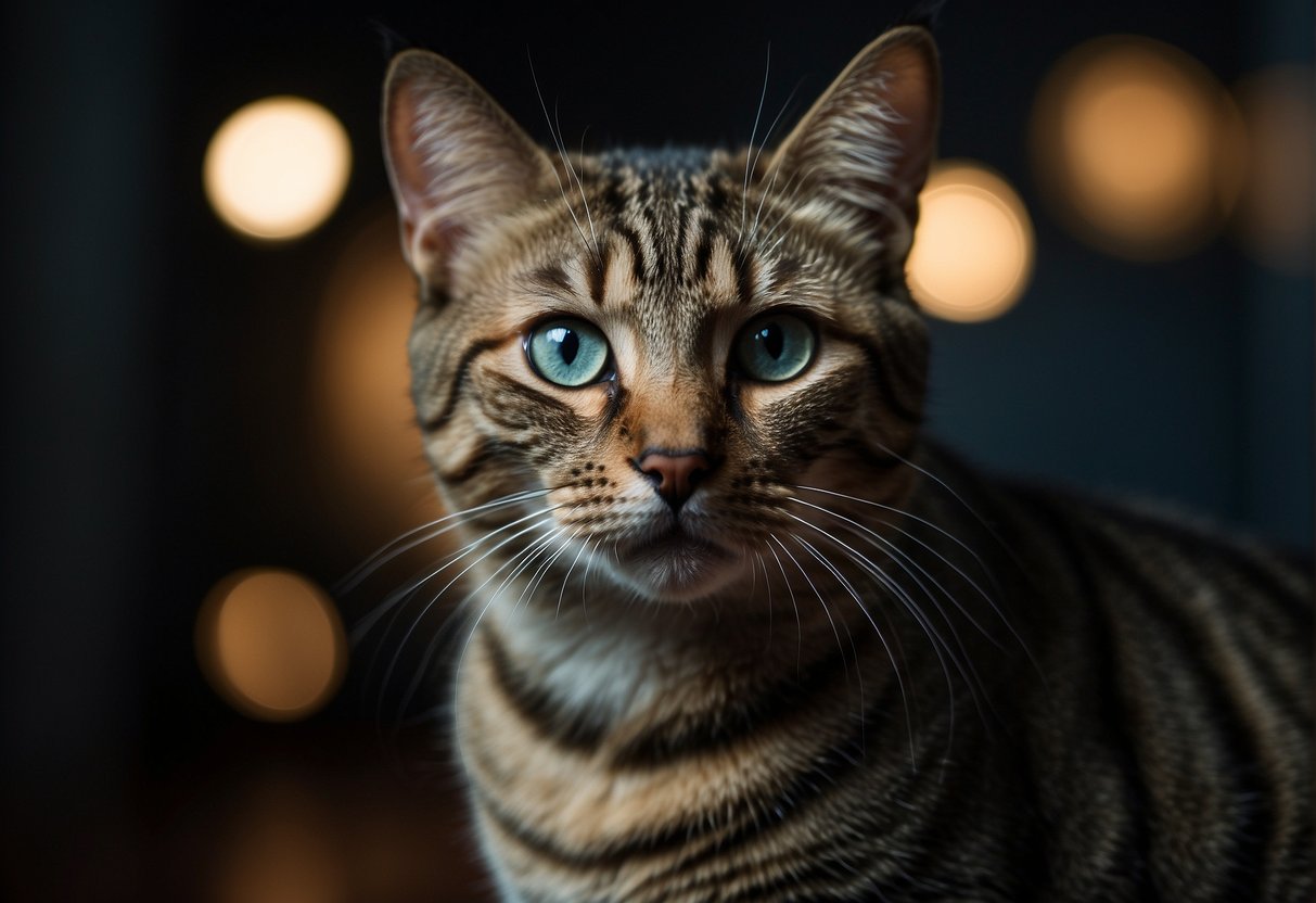 A cat with dilated pupils, alert and focused, peers into a dimly lit room, showcasing its ability to see in the dark