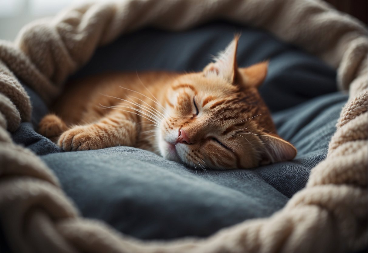 A cat peacefully sleeping in a cozy bed, curled up with its tail wrapped around its body, eyes closed and breathing softly
