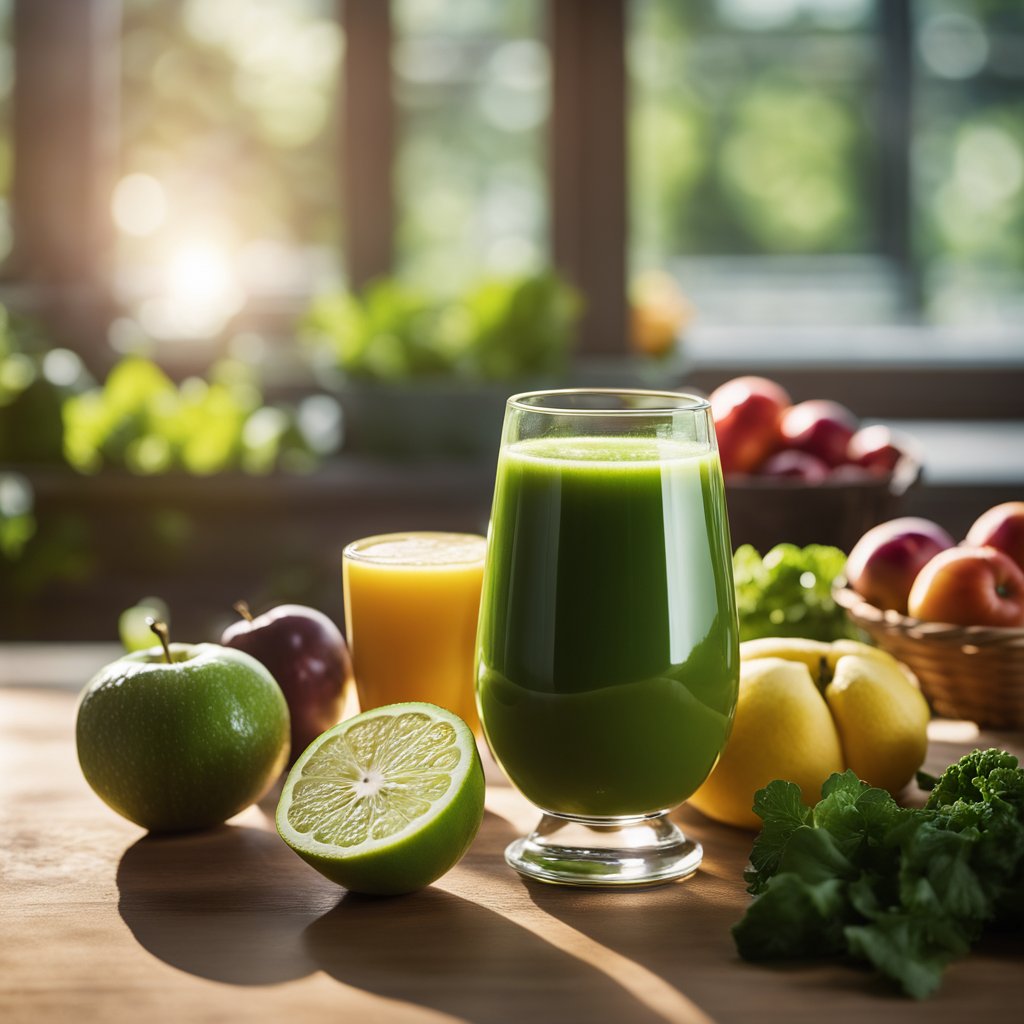 A glass of green liver cleanse juice sits on a wooden table, surrounded by fresh fruits and vegetables. Sunlight filters through a nearby window, casting a warm glow on the scene