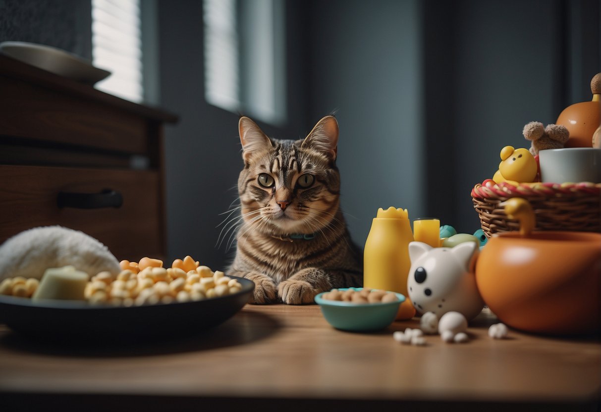 A cat sits alone, staring at a photo of a deceased companion, surrounded by their favorite toys and empty food bowls