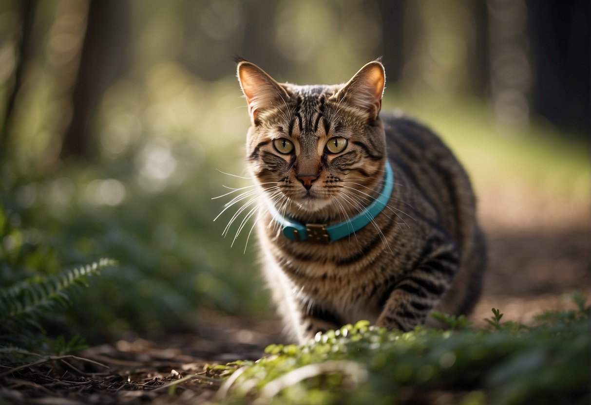 A cat with a bell on its collar prowls through a forest, while birds and small animals scatter in the background