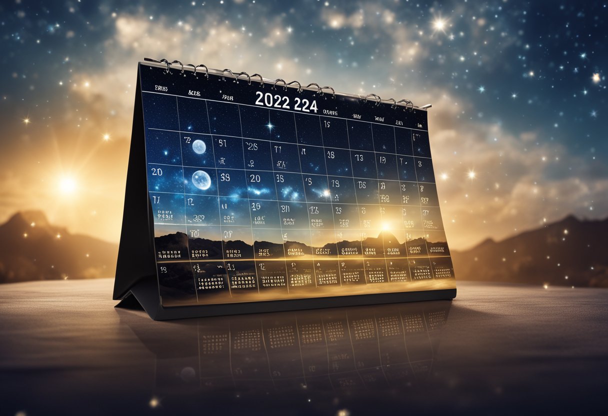A starry night sky with zodiac signs and a calendar showing 2024