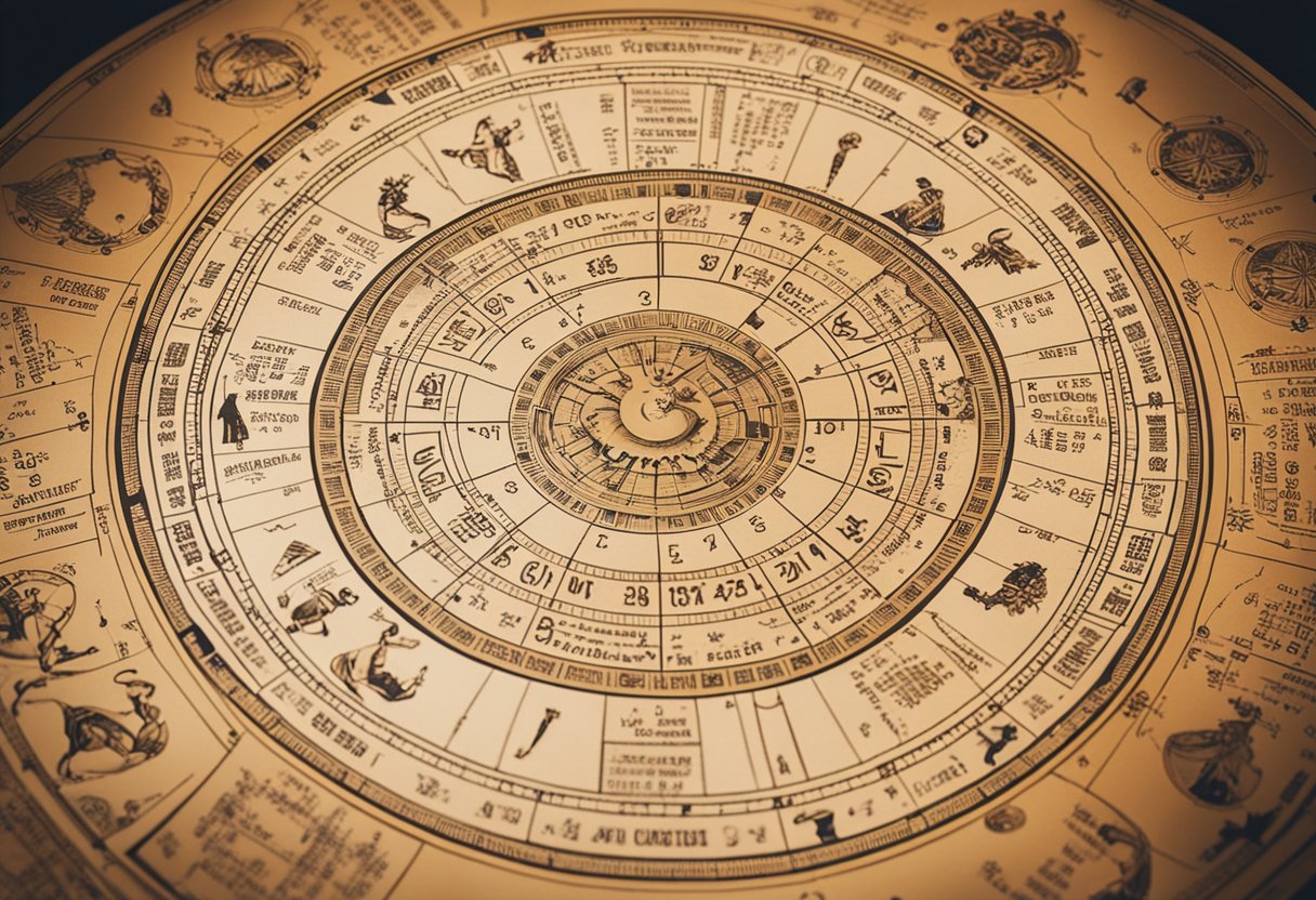 A wedding ceremony with zodiac symbols and astrological charts in the background, showcasing the cultural impact of astrology on marriage