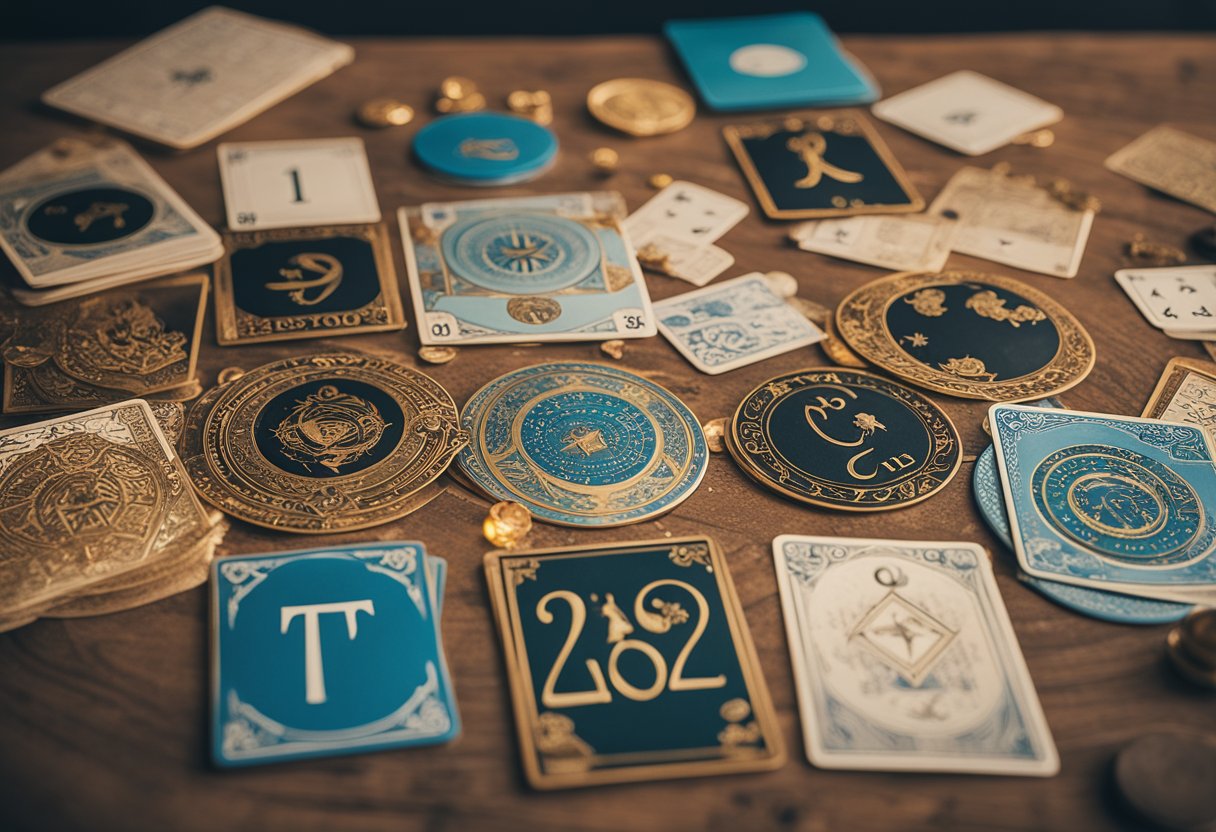 A calendar with "2024" circled in red, surrounded by astrological symbols and tarot cards