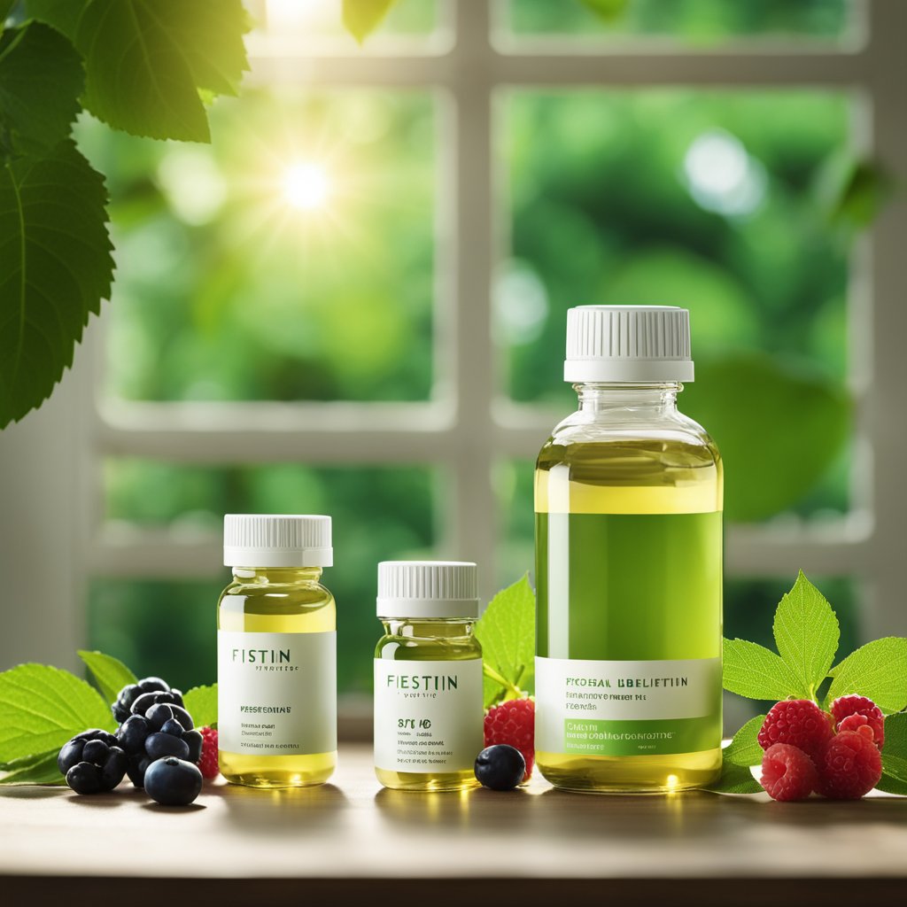 A bottle of fisetin supplement sits on a wooden table, surrounded by fresh berries and green leaves, with sunlight streaming in from a nearby window