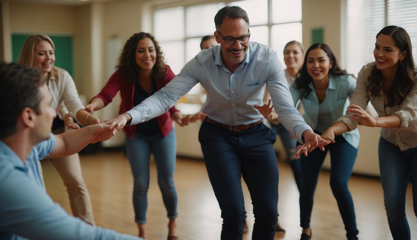 Teachers engage in a trust fall activity, forming a circle and taking turns falling backwards, relying on their colleagues to catch them