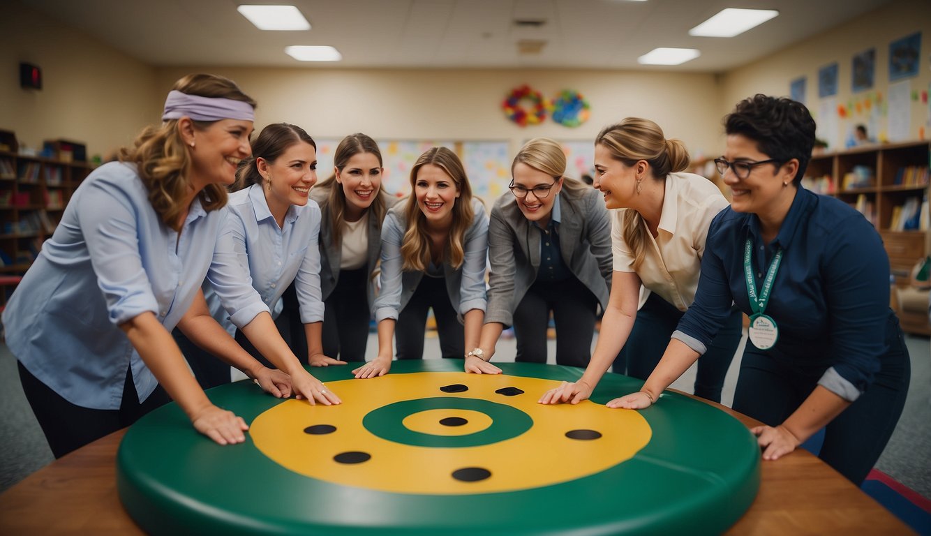 Teachers engage in trust falls, blindfolded obstacle courses, and problem-solving challenges in a circle