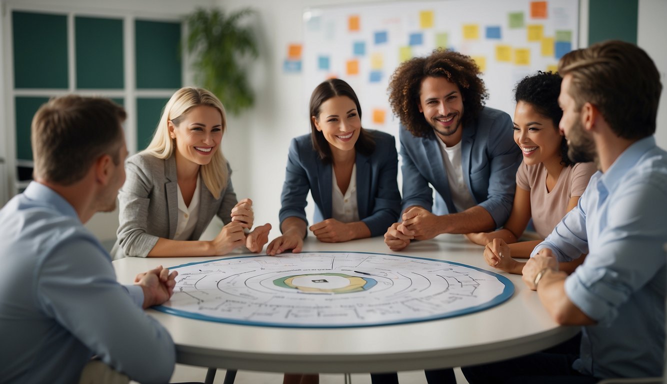 Teachers collaborate in a circle, discussing ideas. A whiteboard displays a team-building plan. Smiling faces show positive outcomes