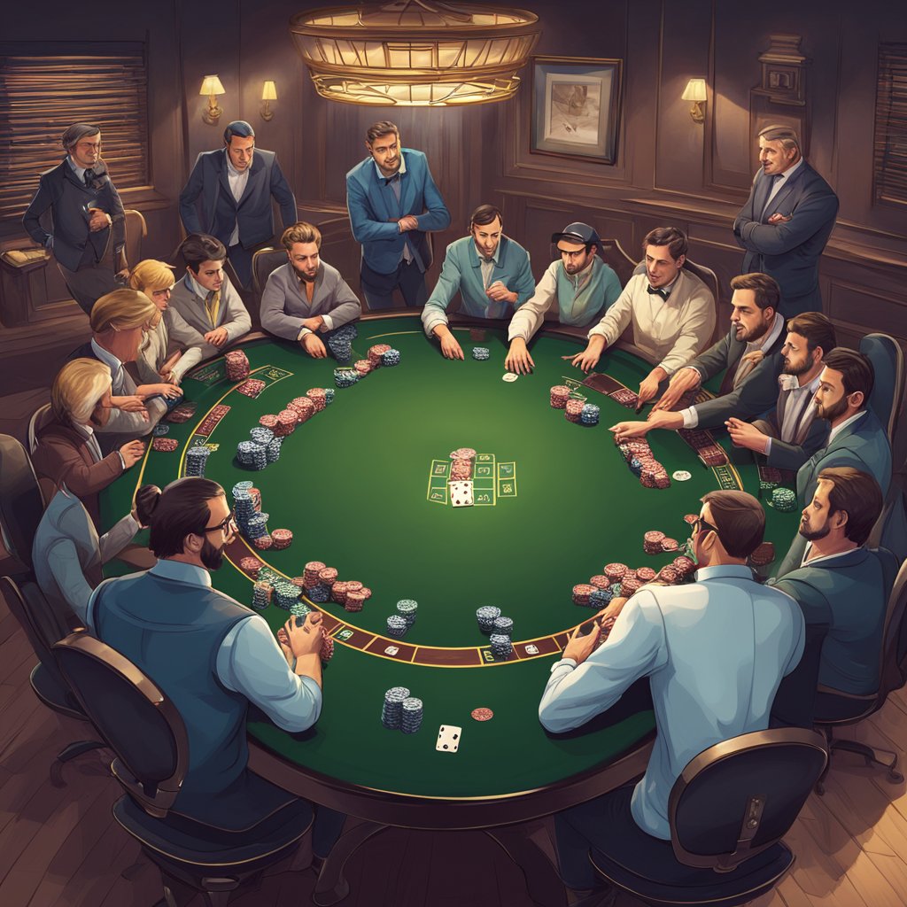 A poker table with chips, cards, and a dealer. Players are seated, focused on their hands. The room is filled with anticipation and excitement