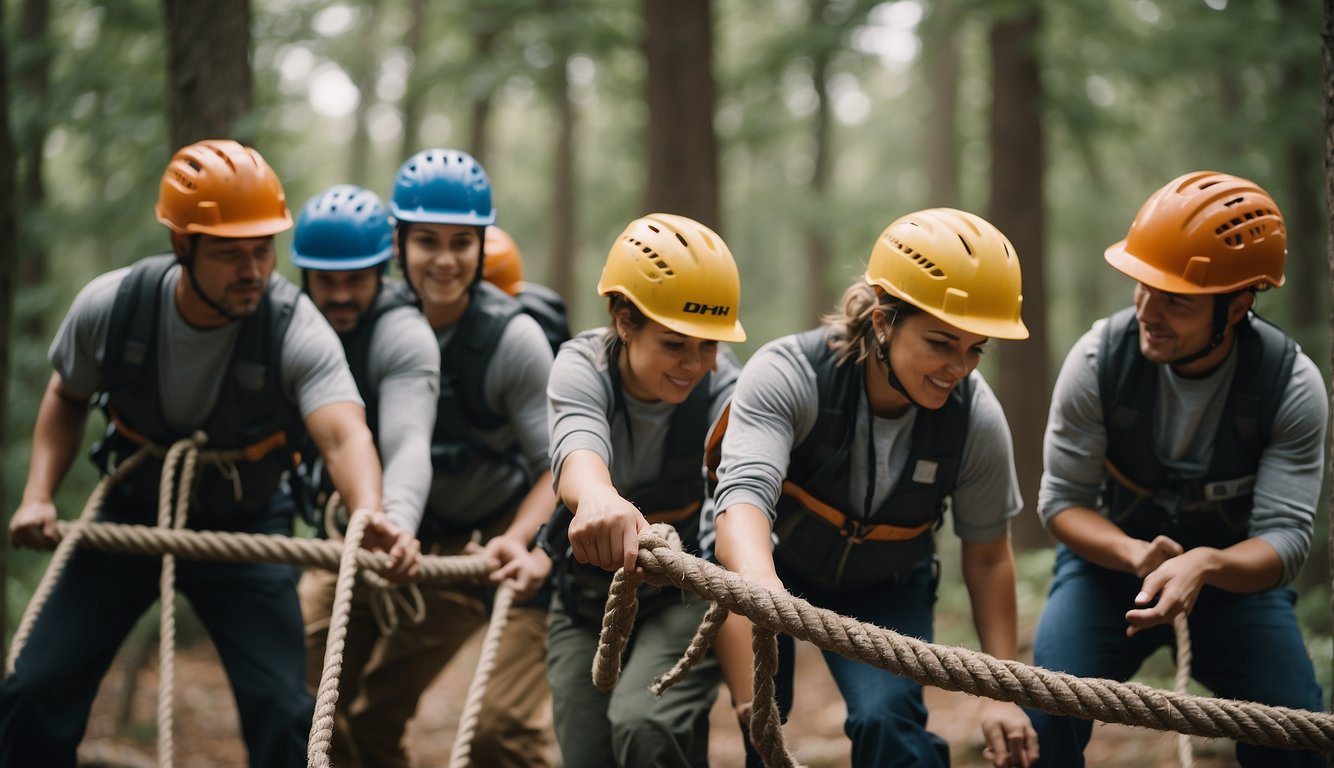 A group of people are participating in team building outdoor activities, such as trust falls, rope courses, and group challenges