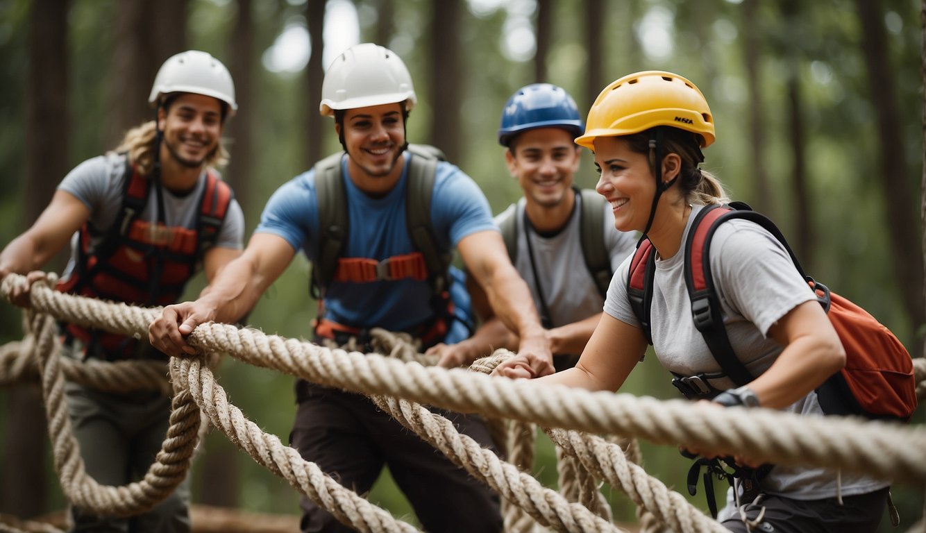 A group of people working together to complete a ropes course, with team members supporting each other and navigating obstacles