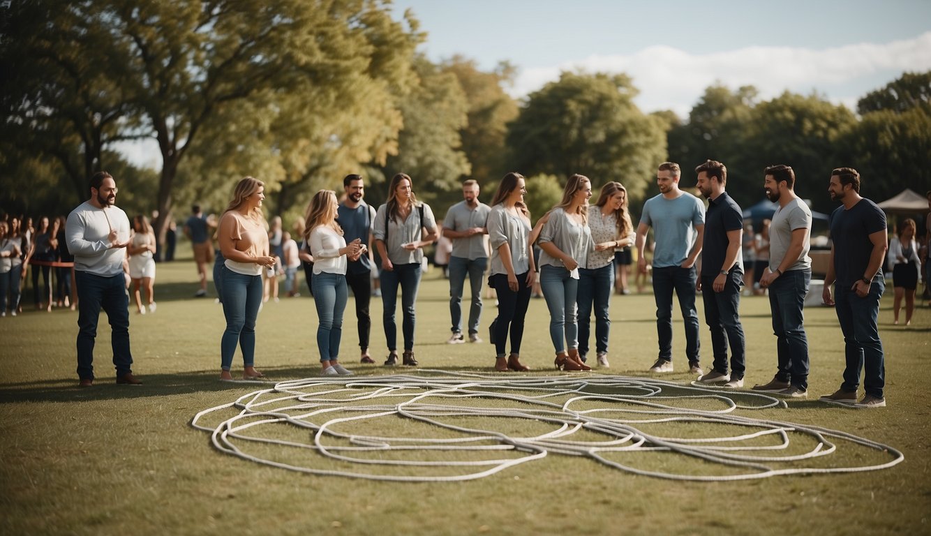 A group of people gather around a large outdoor space, setting up various team building activities and games. Ropes, cones, and other equipment are laid out, with a clear plan in place for the event